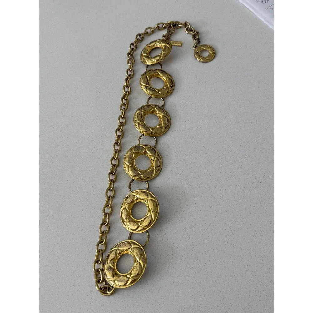 Vintage Gold Tone Quilted Ring Chain Belt Adjustable Statement Accessory Korea